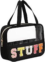 Vista 1 de Bolsa transparente de felpilla con parches de letras, bolsa de maquillaje transparente de PVC y nailon multiusos con asas, bolsa grande