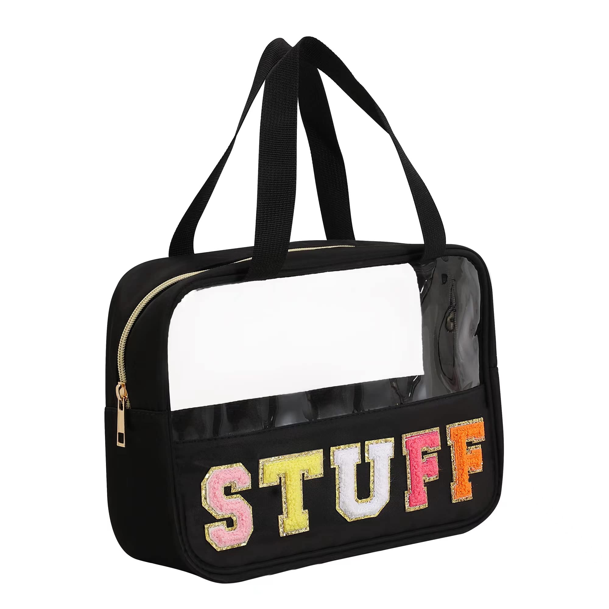 Chenille Letter Patch Clear Bag,Preppy Multi-purpose PVC&Nylon Clear Makeup Bag with Handles,Large Travel Makeup Toiletry Storage Zipper Pouch, Tote Bag for Women (Black-STUFF)