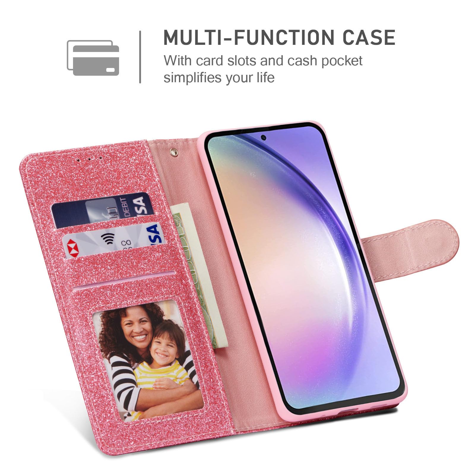 QLTYPRI Case for Samsung Galaxy A35 5G, Bling Shiny Glitter Flip Folio Case Full-Body Protective Cover Card Slots Magnetic Closure Kickstand Wrist Strap for Women Girls A35 5G Case - Pink