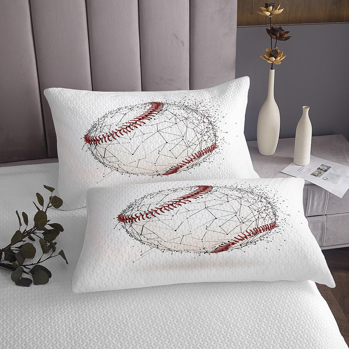 jejeloiu Baseball Bed Sheets Set Twin Size Boys Girls Sports Game Fitted Sheet for Kids Baseball Gaming White Red Bedding Set Room Decor
