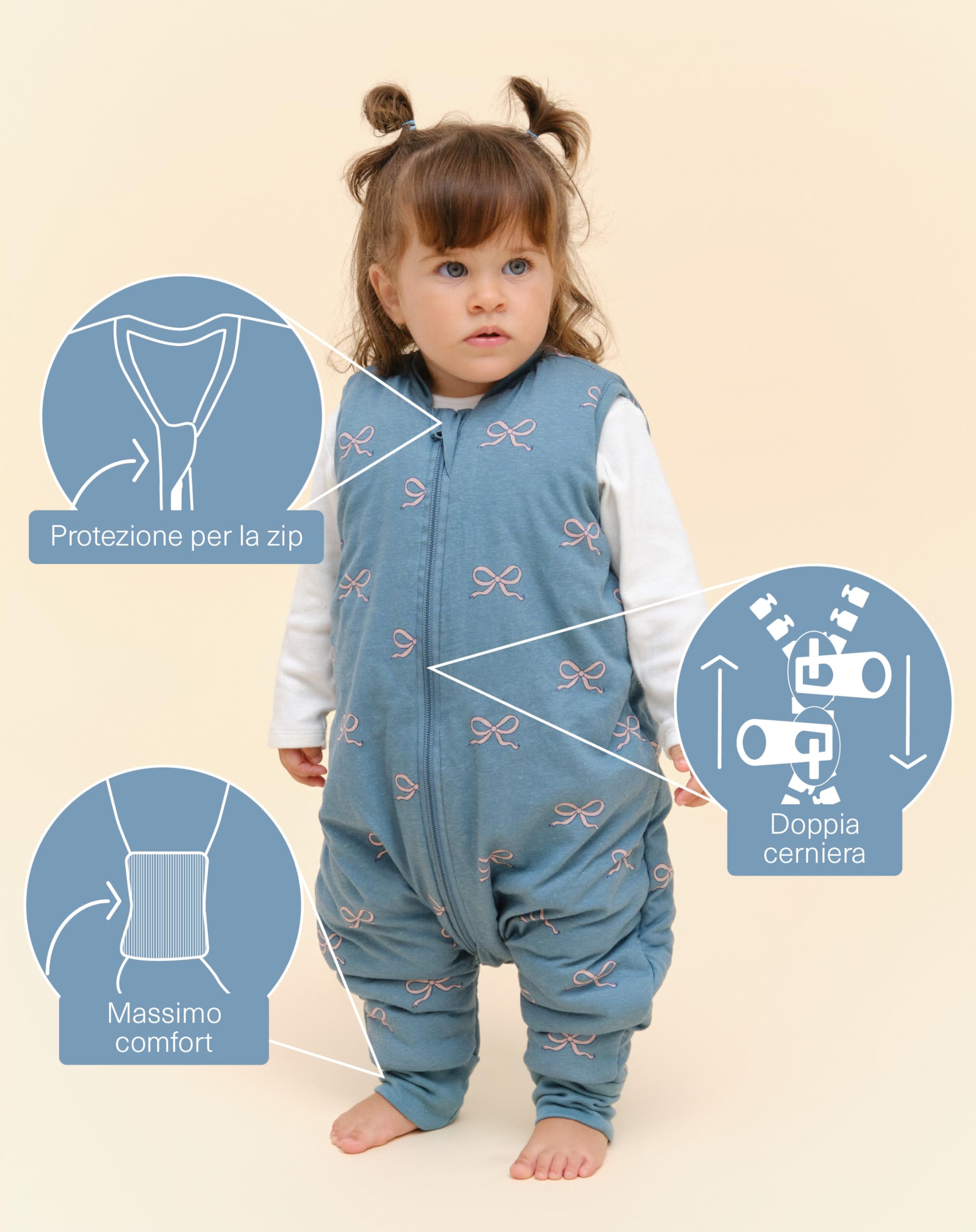 molis&co - Sacco Nanna con Piedini - Sacco Nanna Invernale per Bambini - Sacchi Nanna 2.5 tog con Piedini - 100% Cotone (Oeko-Tex 100) - Bows (1 Anno)
