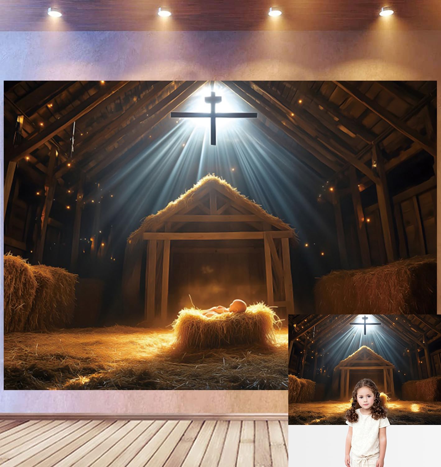 3 x 2,5 m Nativity Stable Backdrop Birth of Jesus Manger Photography Background Hay Bales Christian Cross Sunbeam Lights Rustic Wooden Holy Christmas Religion Theme Photo Studio Props