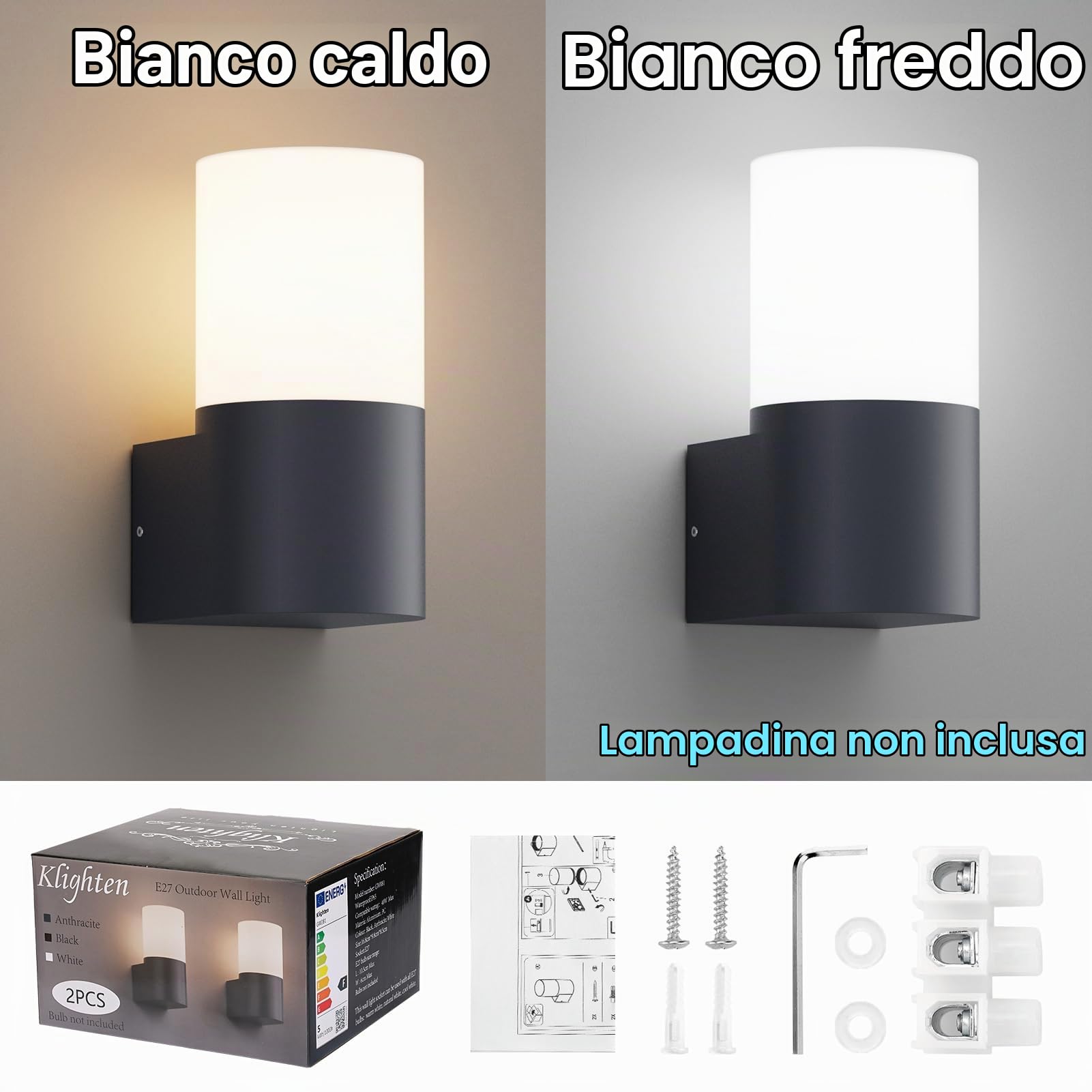 Klighten 2 pezzi Lampada da Parete E27 Esterno/Interno, Antracite Applique da Parete, Impermeabile IP65 Lampada da Muro, Luci da parete Alluminio, per Balconi/Giardini, 40W Max, Non Inclusa Lampadina