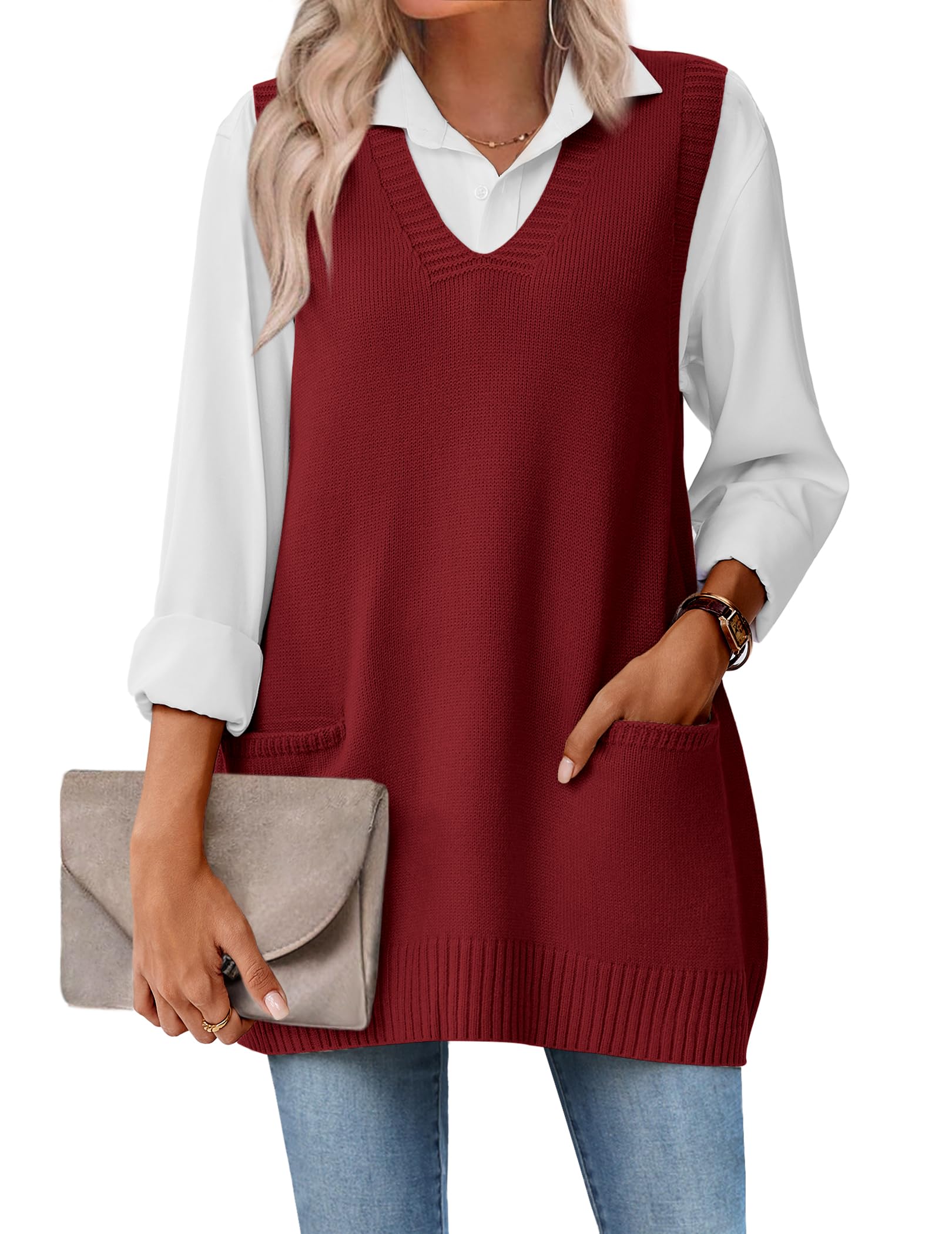 Zeagoo Womens Sweater Vest 2026 Oversized Sleeveless V Neck Pullovers with Pocket Knitted Fall Outfits
