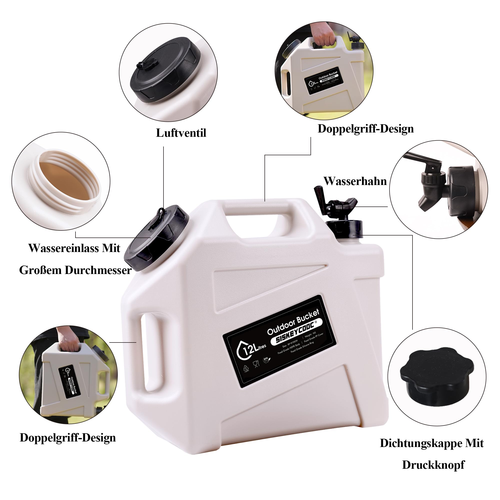 Bidon d'eau portable avec robinet - Réservoir d'eau sans BPA - Blanc - 12 l - Multifonction - Pour camping, extérieur, transport d'urgence - Blanc - 12 l