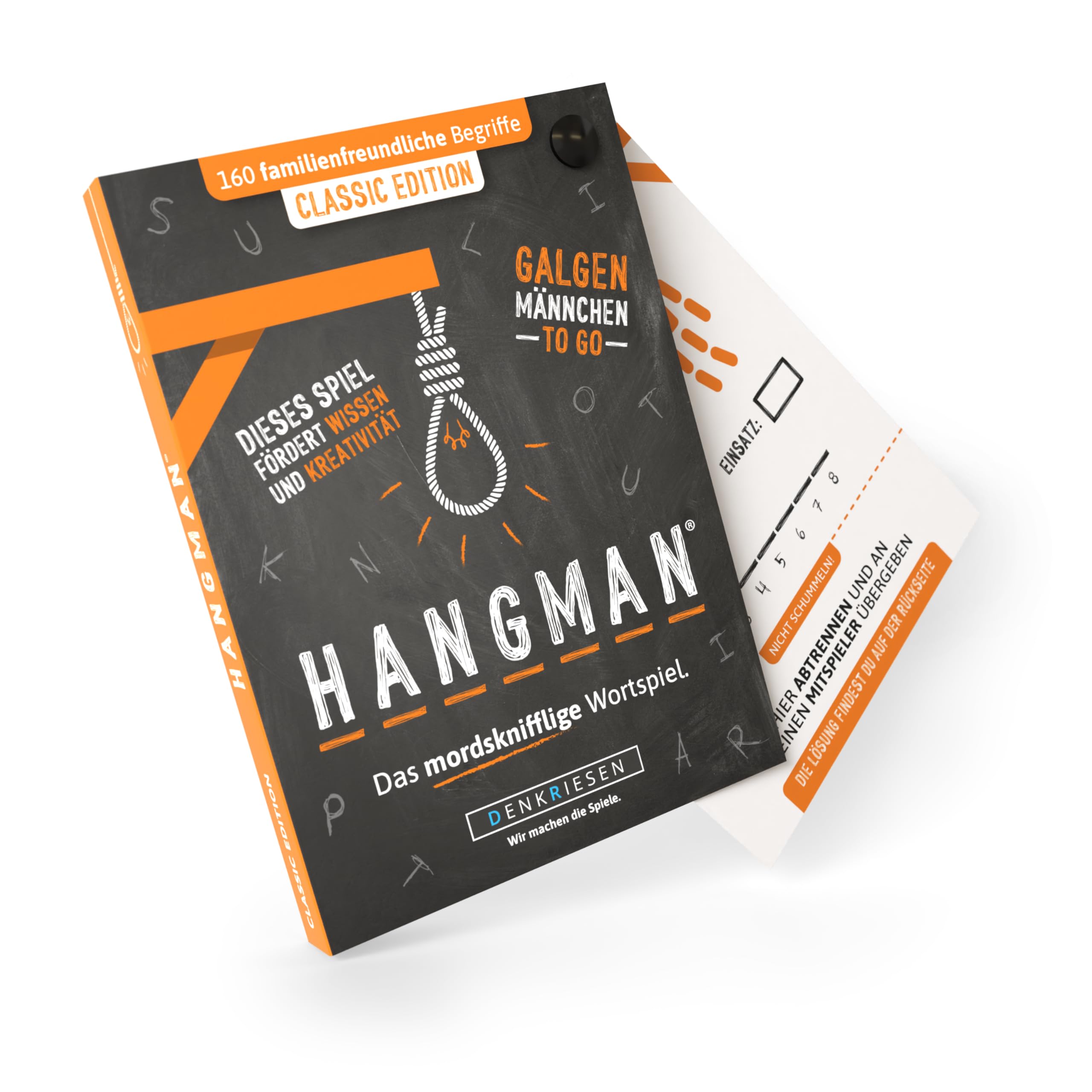 DENKRIESEN – Hangman Classic Edition | Galgenmännchen ab 2 Personen | Spielblock mit 160 Begriffen | Wortspiel & Rätselspiel für unterwegs | Partyspiel & Reisespiel | Galgenraten ideale Geschenkidee