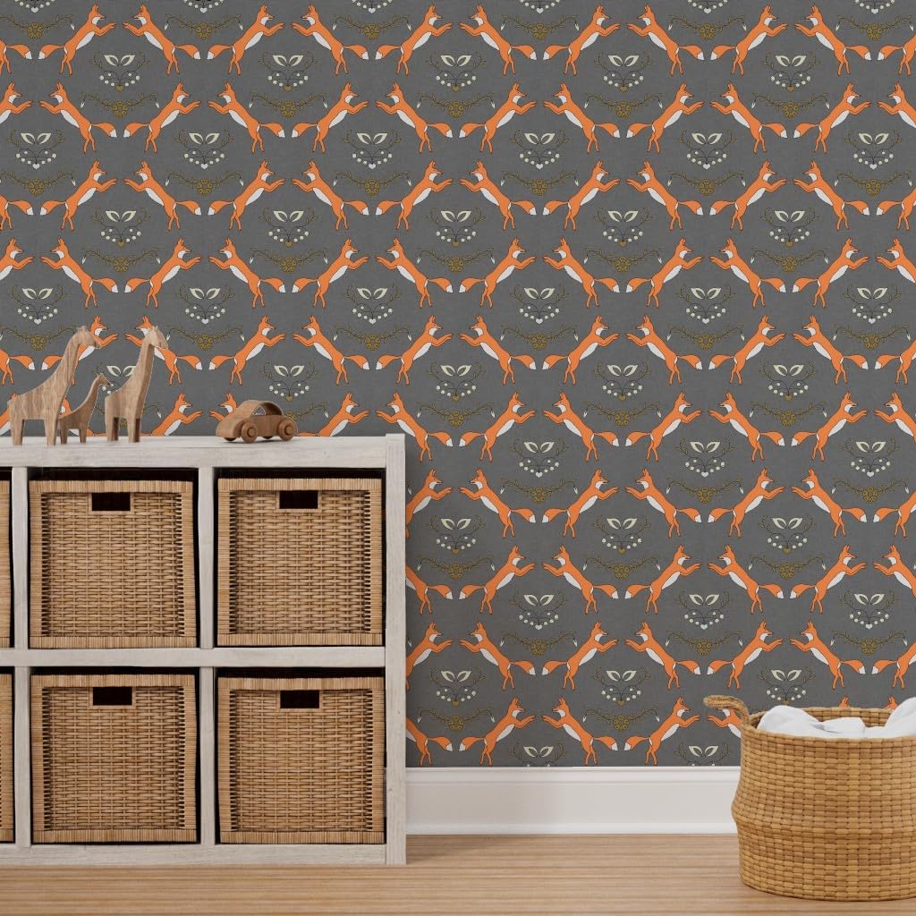 Peel & Stick Wallpaper 3ft x 2ft - Small Fox Orange Gray Floral Spring Custom Removable Wallpaper by Spoonflower