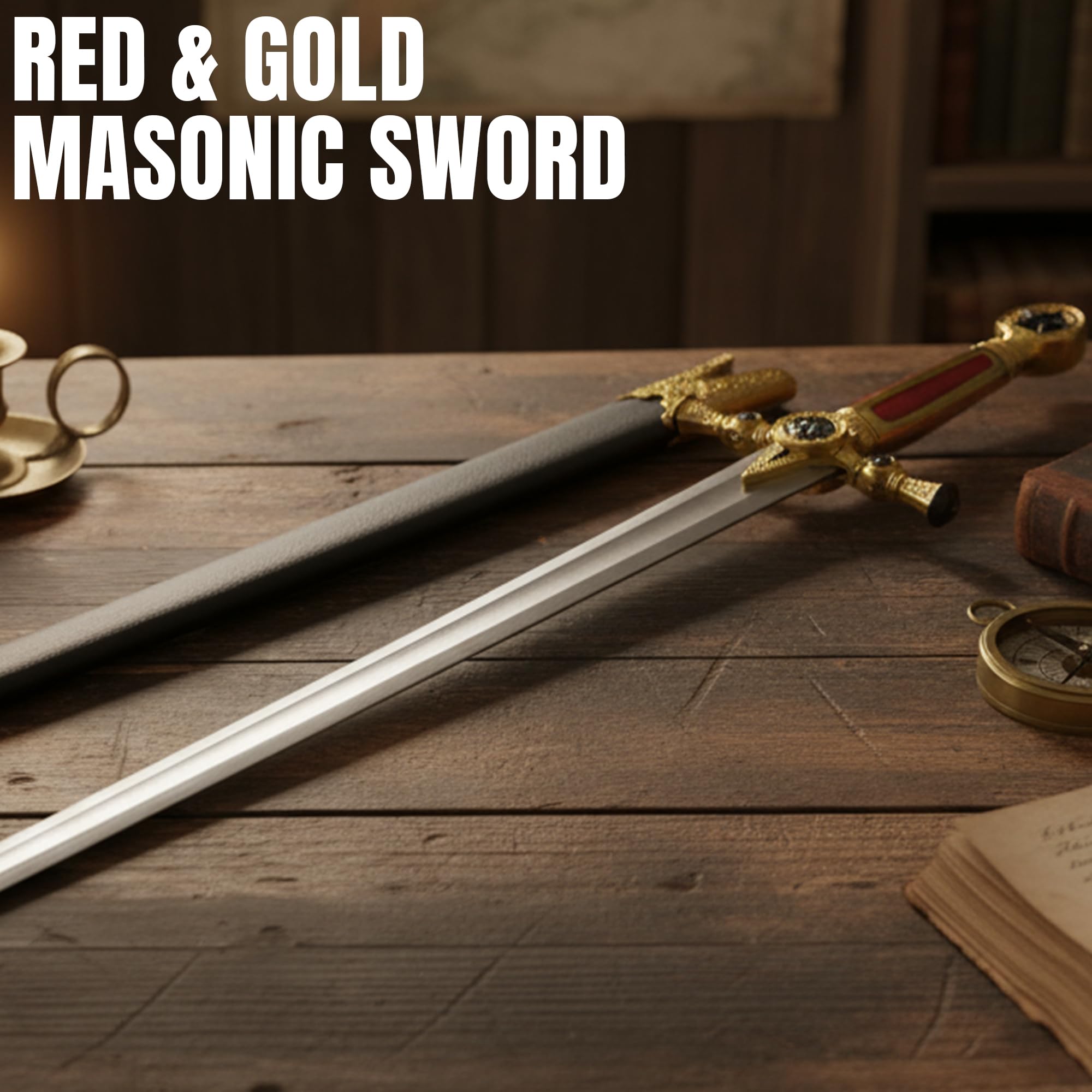 SZCO 33 Red & Gold Masonic Sword Freemason Collectible Decorative Sword with Mirror Blade & Scabbard for Adults Cosplay Costume & Display product thumbnail 5