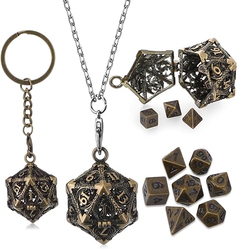 Miniatura 1 de Syhood Juego de dados pequeños, 7 piezas de dados pequeños de metal hueco D20, collar D20, llavero, juegos de mesa para juegos de rol, regalo