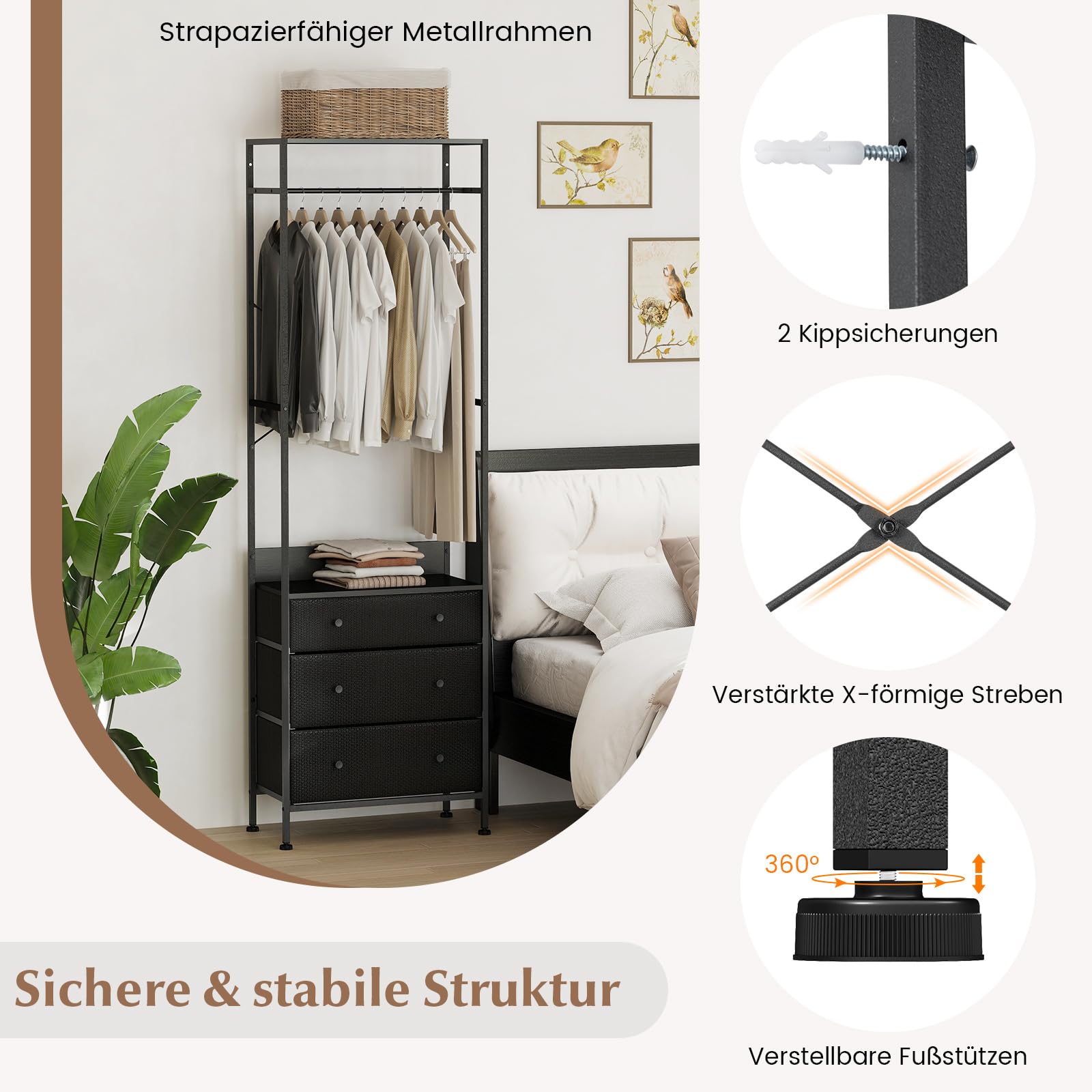 COSTWAY Wieszak garderobiany z 3 szufladami, wieszak na ubrania, wolnostojący, przemysłowy do przedpokoju i sypialni, 55 x 28 x 176 cm (czarny)