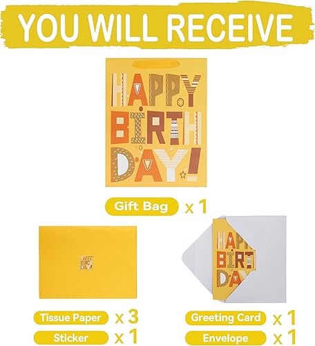 Miniatura 3 de Juego de bolsas de regalo amarillas grandes de 13 pulgadas con tarjeta de felicitación y papel de seda (amarillo feliz cumpleaños) para fiestas de