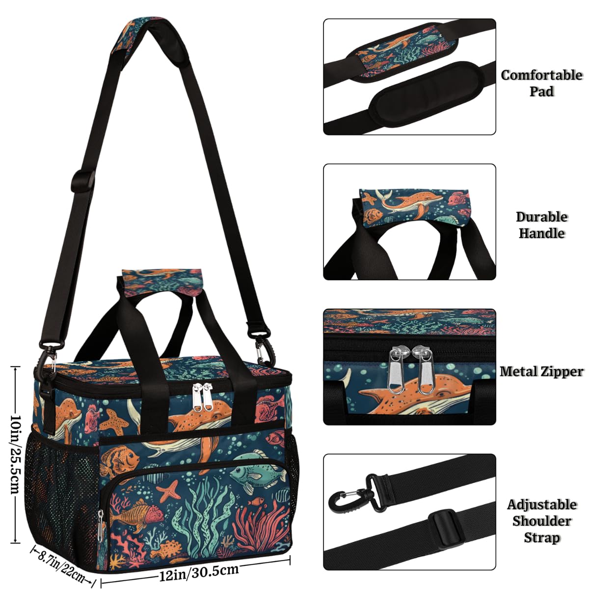 Sea Coral Insulated Picnic Backpack Lunch Box for Women Men Picnic Basket Tote Lunch Bag Picnic Bag Portable Lunch Bags for Picnic, Beach, Work, Trip,Office, Camp Ocean Whale Fish
