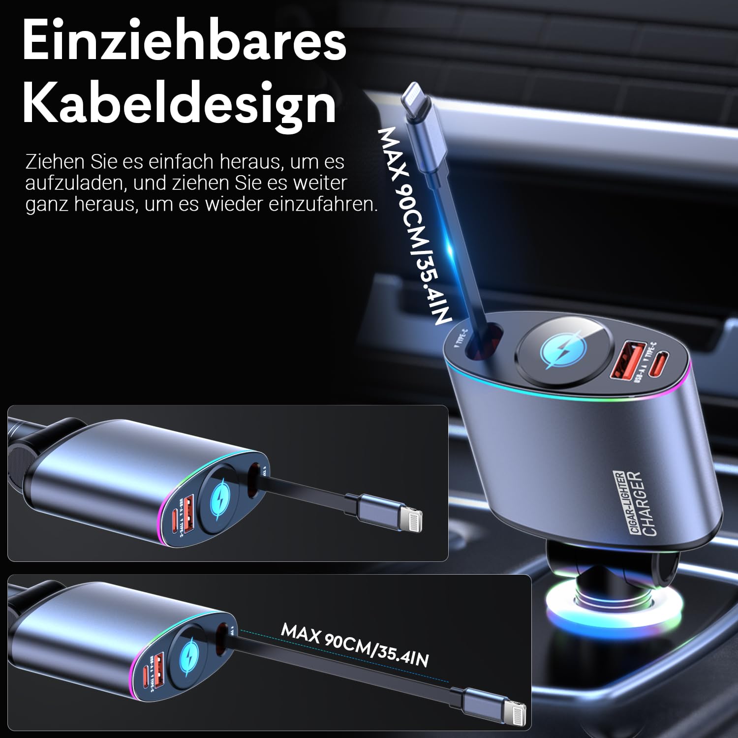 Caricabatterie Auto 66W Retrattile 4 In 1 Con Cavi Integrati Per IPhone E USB-C – Ricarica Rapida Per Galaxy, Pixel E Huawei