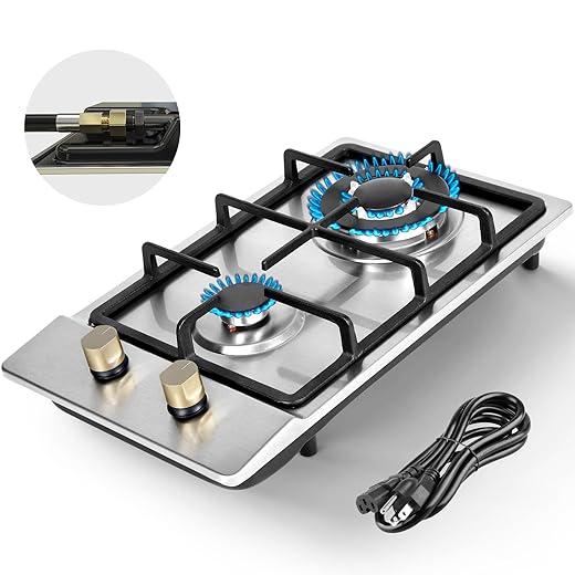 Llamaviva Gas Stove 12 Inch, Propane Cooktop 2 Burner, Portable Gas Cooktop Stainless Steel, Dual Fuel LPG/NG Convertible with Thermocouple Safety Protection for Kitchen, RV, Camping, Outdoor