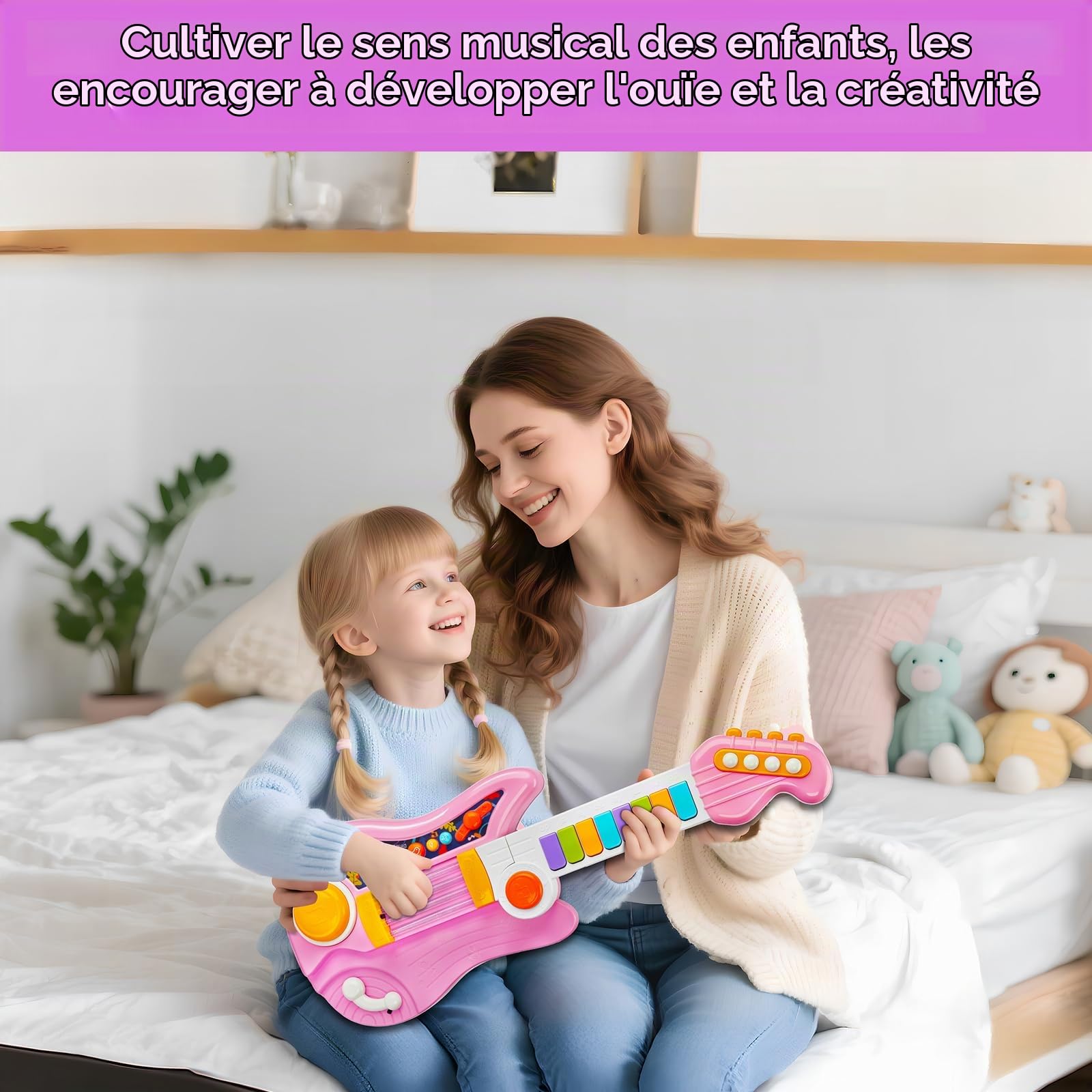 Guitare Électrique et Piano 2 en 1, Jouet Musical pour Enfant, 4 Modes de Jeu, Rose, Cadeau pour Enfants de 2 à 5 Ans