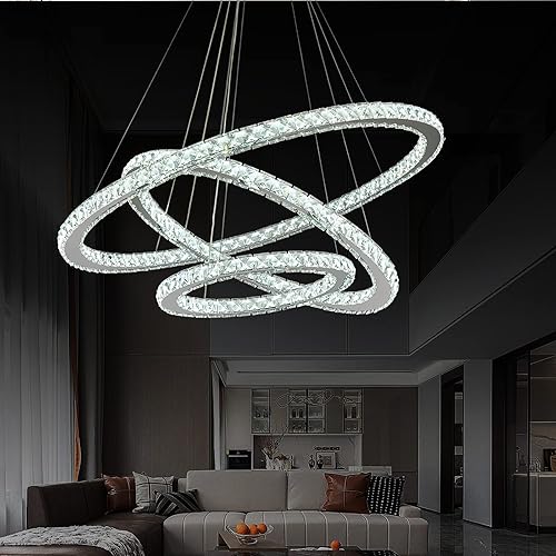Siljoy LED Chandelier, Modern Ceiling Light Fixture with 3 Crystal Chandelier Lighting Rings, DIY & 3-Color Changing Adjustable Chandeliers for Living Room Dining Room Kitchen, D 12"-20"-28"