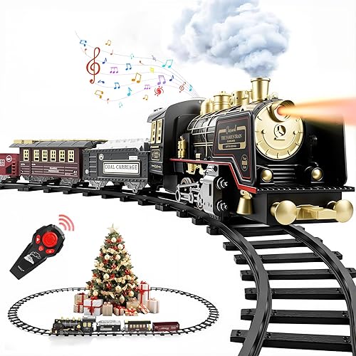 Luxspire Juego de tren de Navidad con control remoto de humo, luces y sonido, juego de tren eléctrico clásico alrededor del árbol, decoración