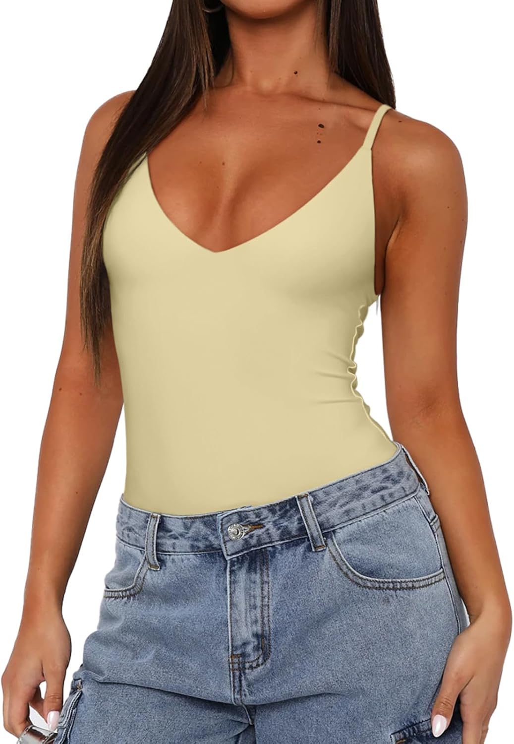 REORIA Women’s Sexy Trendy Open Back V Neck Spaghetti Strap Backless Trendy Cami Bodysuit Tops