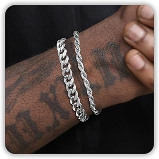 Pealicious Men's Stainless Steel Cuban Rope Bracelet - Adjustable 7-10in Silver Gold, Easter Gifts for Dad Boyfriend Boys Birthday Jewelry