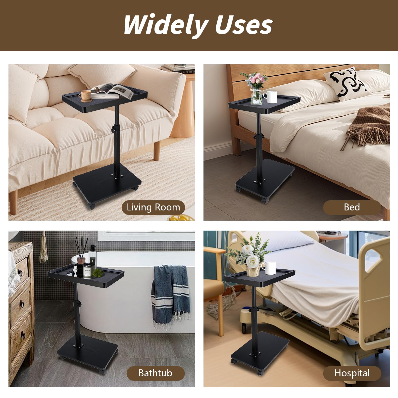 XUDREZ Mesa auxiliar ajustable en forma de C con 4 ruedas giratorias de 360°, mesa auxiliar para sala de estar, dormitorio, sofá, bañera, mesita de noche, lactancia (negro)