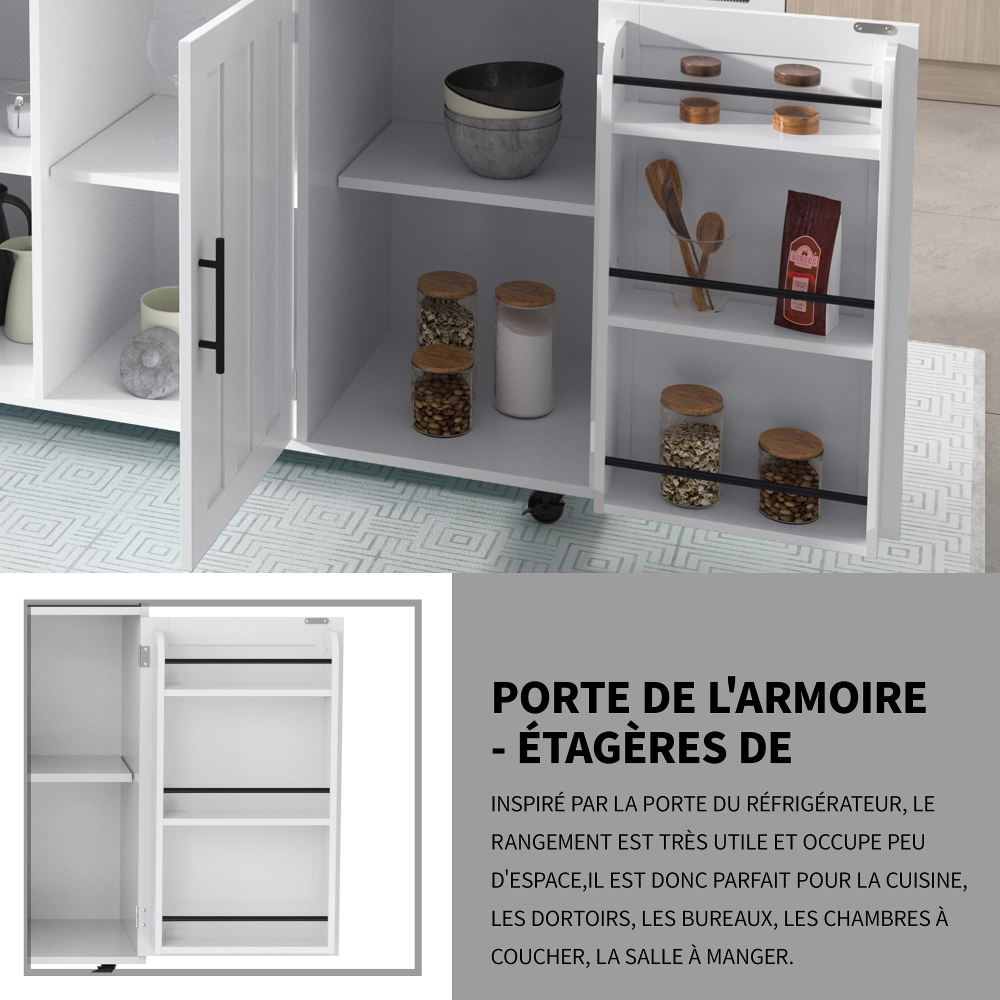 Carrello da cucina espandibile con 5 ruote, carrello di servizio versatile, 2 ripiani, bianco con ripiano, dimensioni 129 x 91,5 x 46-71 cm, perfetto per casa e sala da pranzo