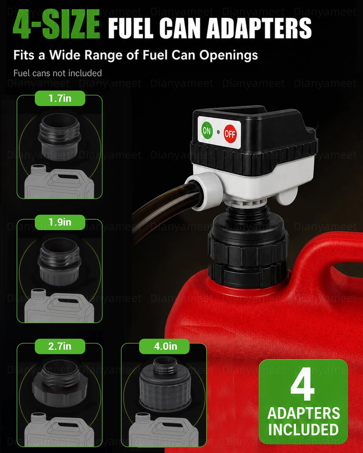 Pompe de transfert Carburant 15L/min électrique universelle avec Auto-Stop | Tuyau PVC 130cm, pour Diesel/Essence, Compatible pour DeWalt 20V & Milwaukee 18V, 4 Adaptateurs + Universel (Sans Batterie)