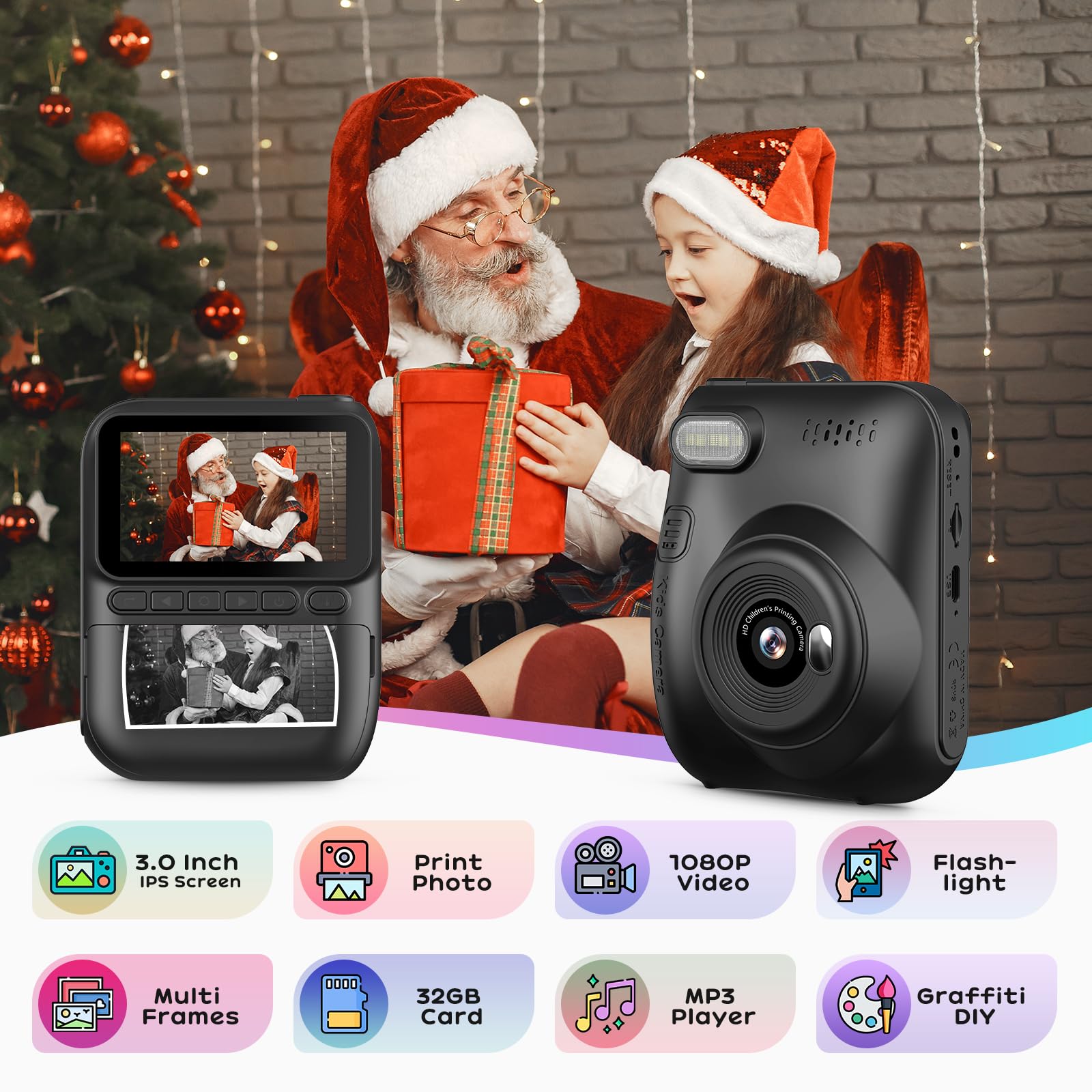 GREENKINDER Macchina Fotografica Bambini Istantanea, 3,0 Pollici 14MP Fotocamera Istantanea Bambini con 32GB Scheda, 1080P Fotocamera Digital per Bambini, Giocattolo Regalo per Bambino da 3-12 Anni