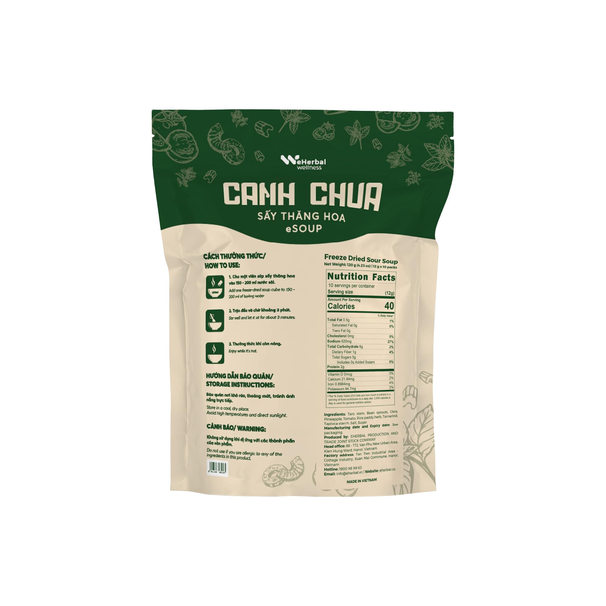 eHerbal Instant Freeze-Dried Sour Tomato Soup Cubes | Authentic Vietnamese Cuisine from Real Fresh Vegetables | Vegan, Quick & Delicious | 10 Servings, 120g (4.23oz)