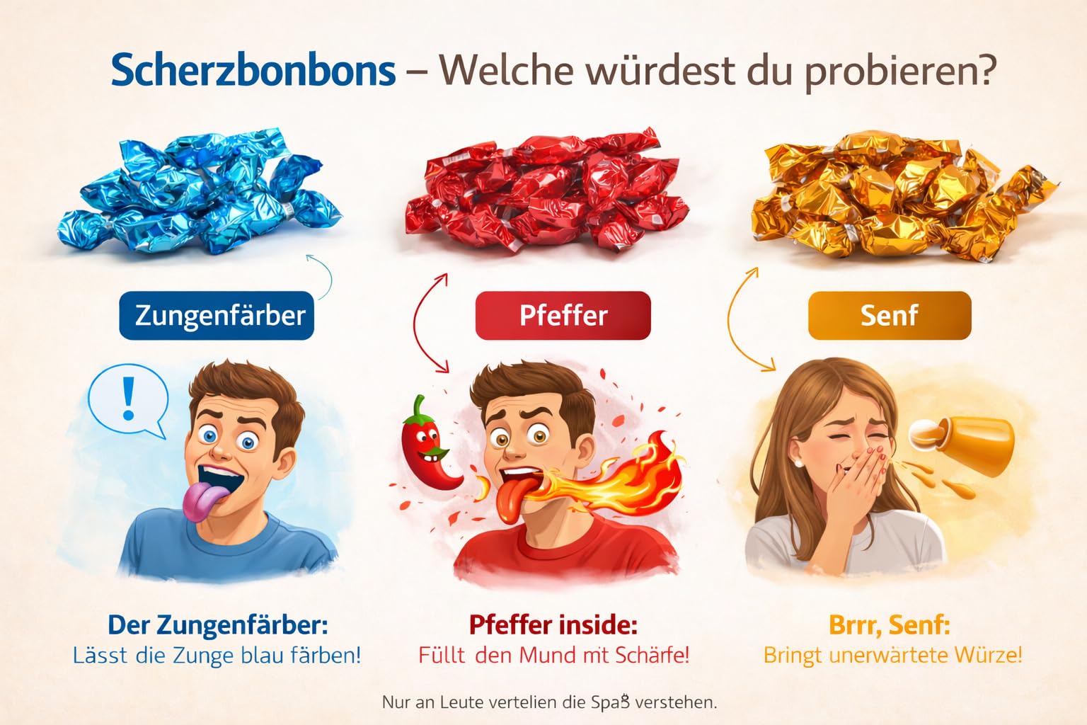 Scherzbonbons 1 KG Großpackung (ca. 300 Stk.) | Wähle deine Sorte: Senf, Pfeffer oder Zungenfärber | Lustige Süßigkeiten | Party Gag, Scherzartikel für Halloween & JGA (Senf)