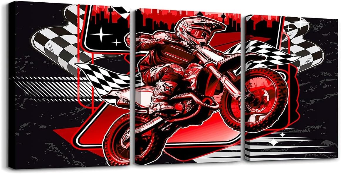 Feelyou Kids Dirt Bike Picture Wall Decor Racing Motocross Rider Wall Painting Posters Boys Girls Motorcycle Canvas Wall Art Living Room Bedroom Extreme Sports Teens Bathroom Wall Art 12"x16"x 3Pcs