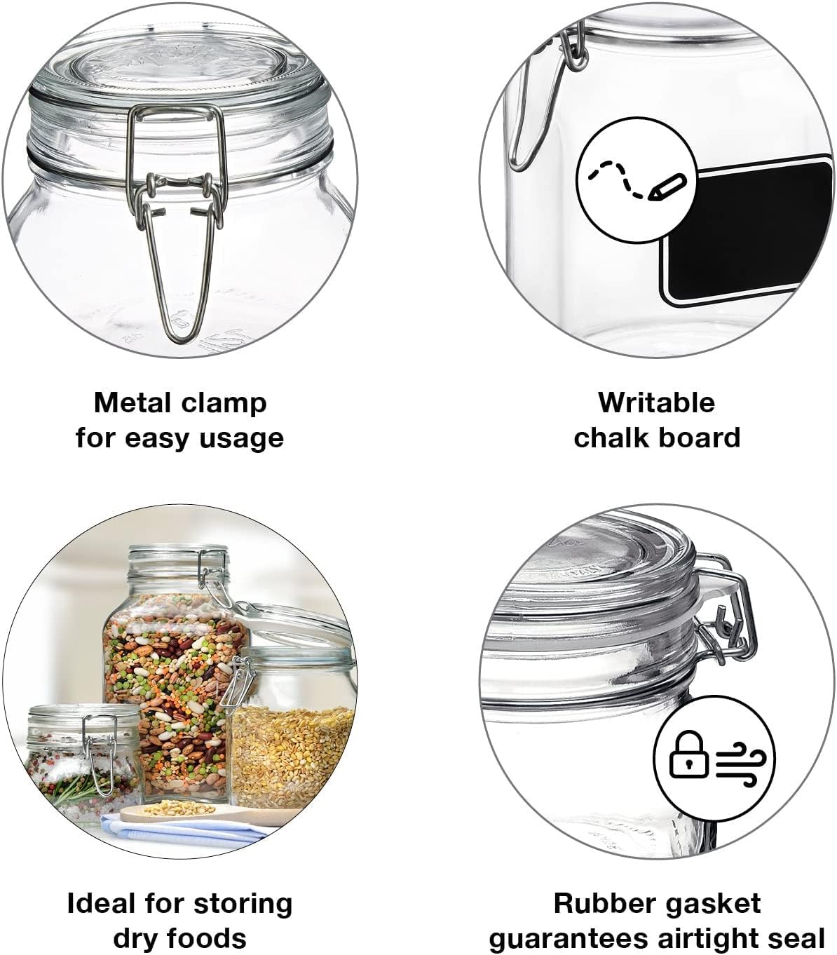 Bormioli Rocco Fido Collection, 2 Pack, 50.75 Oz. Food Storage Glass Jars, With Chalkboard, Airtight Rubber Seal & Glass Lid, With Steel Wire Clamp, Made In Italy.