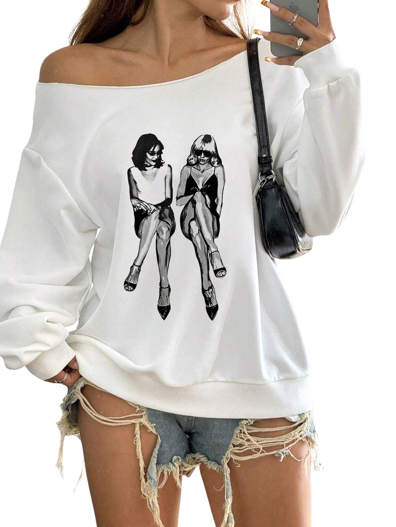 sxv style Women's Off-Shoulder Casual Fashion Lady Portrait Pattern Loose Fit Long Sleeve Sweatshirt-picture-30