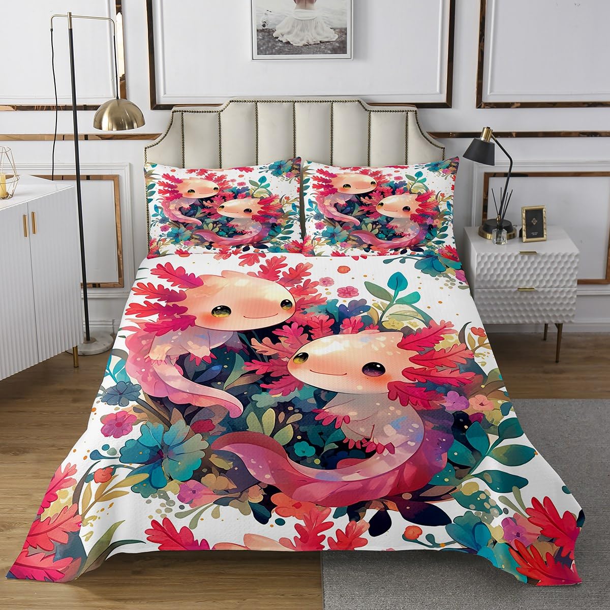 jejeloiu Cute Axolotl Bedspread King Size Kids Cartoon Salamander Coverlet for Boys Teens Kawaii Ocean Sealife Coverlet Set Kawaii Ocean Sealife Room Decor