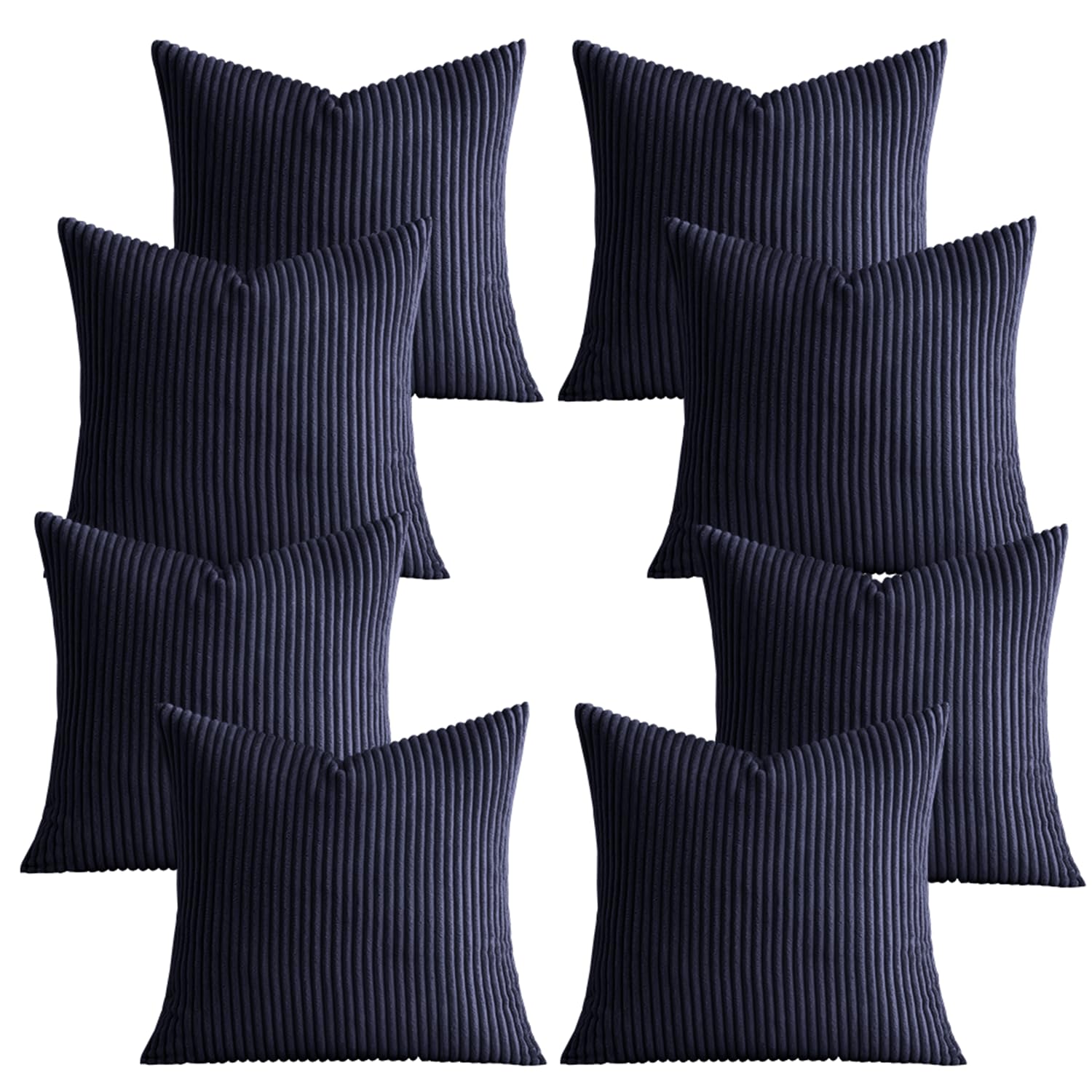 AMEHA Set of 8 Pcs Soft Stripe Navy Velvet Cushion Covers 45 x 45 cm with Invisible Zipper Decorative Square Throw Pillowcases for Livingroom, bed, couch, office (18x18 inch Stripe Cushions)