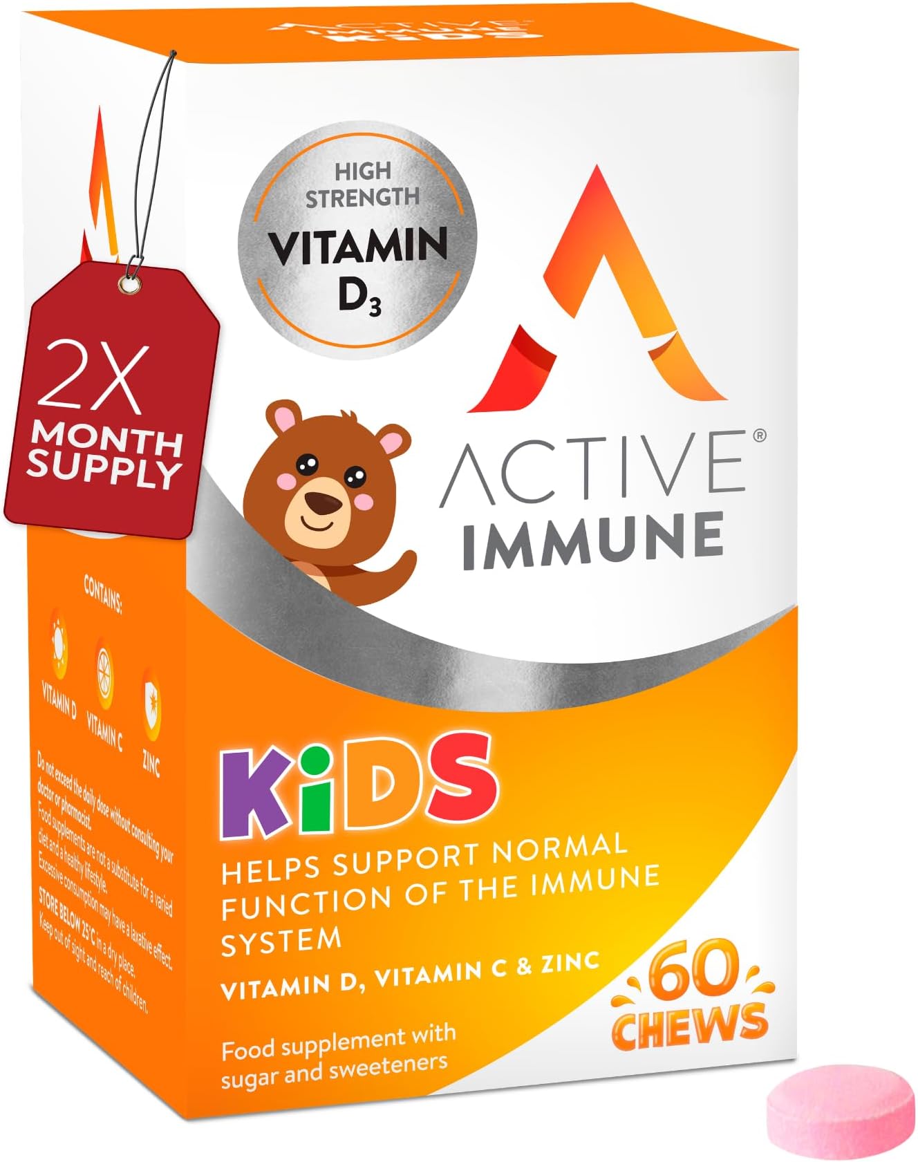 Active Immune Kids Supplement, Vitamin D, C & Zinc, 60 Chewable Tablets | Daily Multivitamin for Kids Immune System, Vitamin D, C & Zinc, Chewable Orange Flavoured Tablets (2 Month Supply), Vegan