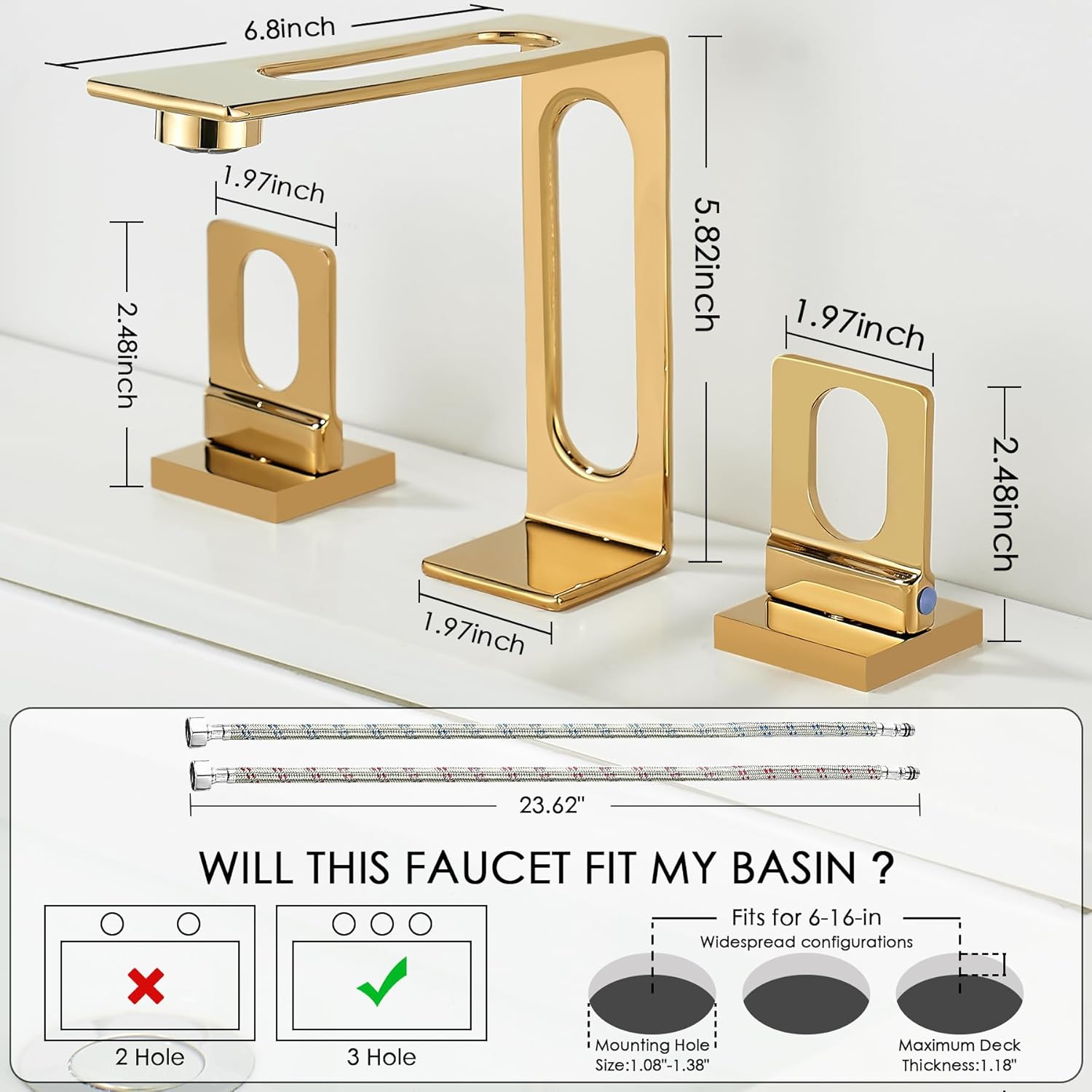 BAKALA Gold Bathroom Sink Faucet 3 Hole, 8-Inch Widespread Bathroom Faucet with 2 Water Supply Hoses, Hollowed Design - Image 2