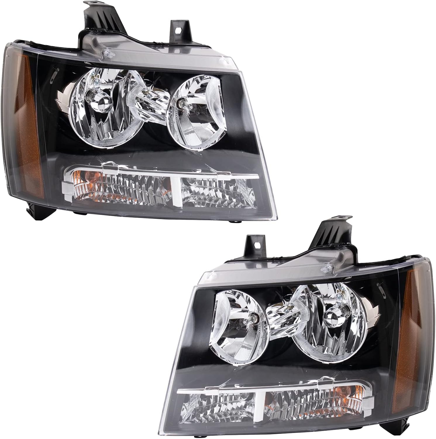 TRQ 2 Piece Headlight Assembly Set Halogen Chrome Bezel Driver & Passenger Side Compatible with Chevrolet Chevy Tahoe Suburban 1500 2007-2014 Avalanche Suburban 2500 2007-2013 GM2502263 GM2503263