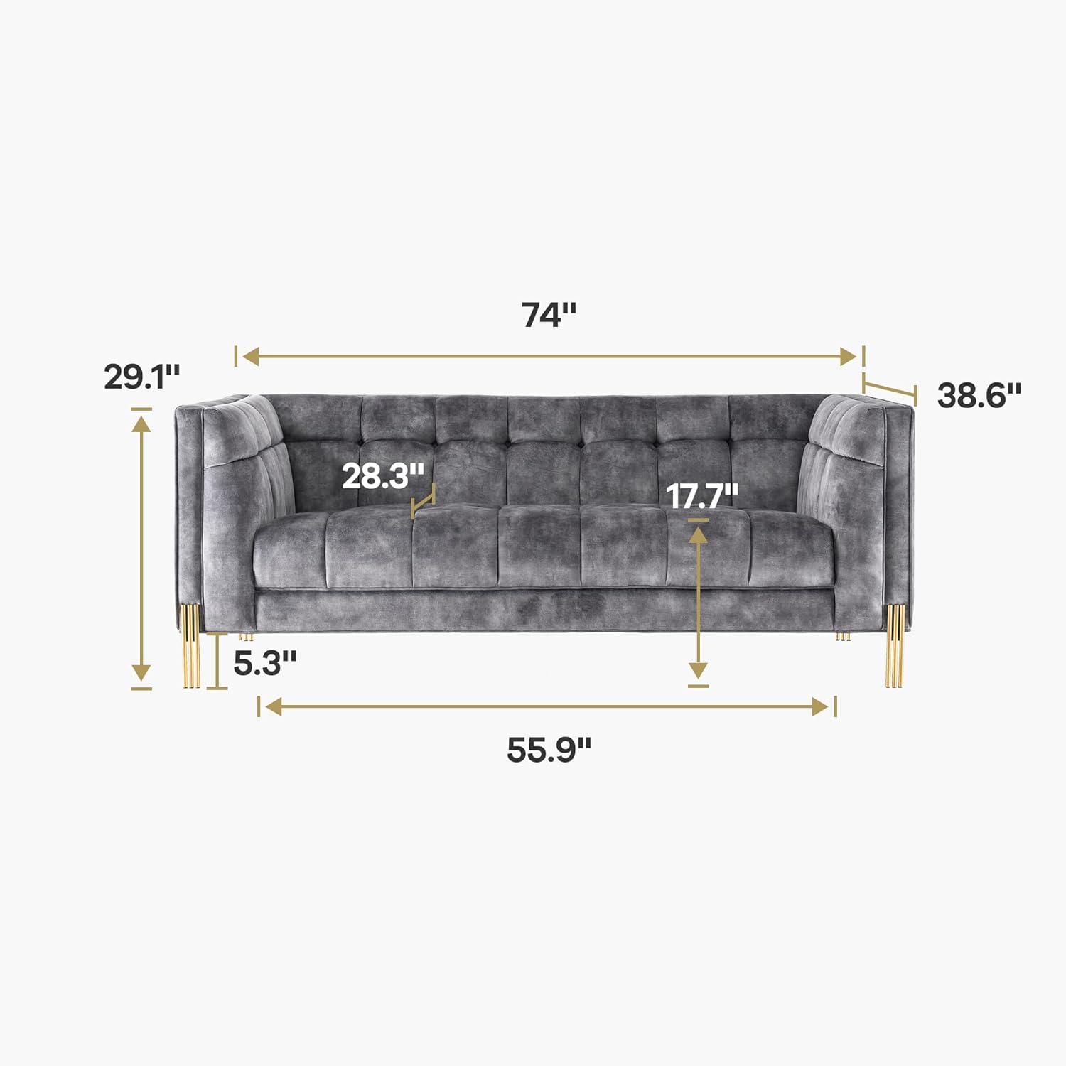 Acanva Luxury Modern Mid-Century Square Tufted Velvet Small Sofa for Living Room Bedroom Furniture, 74”W Loveseat, Deep Grey