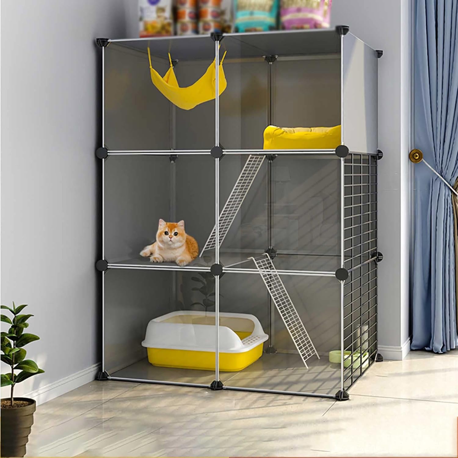 Cat Cage Indoor Large Cat Cage Kennel Cat Enclosures Detachable DIY Cat Playpen Ferret Crate,with Ramp Ladders and Bed Pet Large Exercise Place Ideal for 1-4 Cat,72x37x107cm