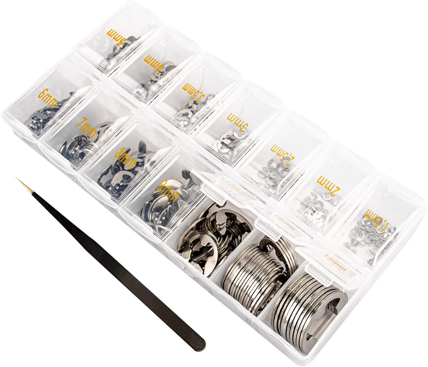 E Clips Assortment Kit, Snap Rings Assortment Kit with Retaining Rings, 425PCS 304 Stainless Steel E Clip Set (M1.5-M15)