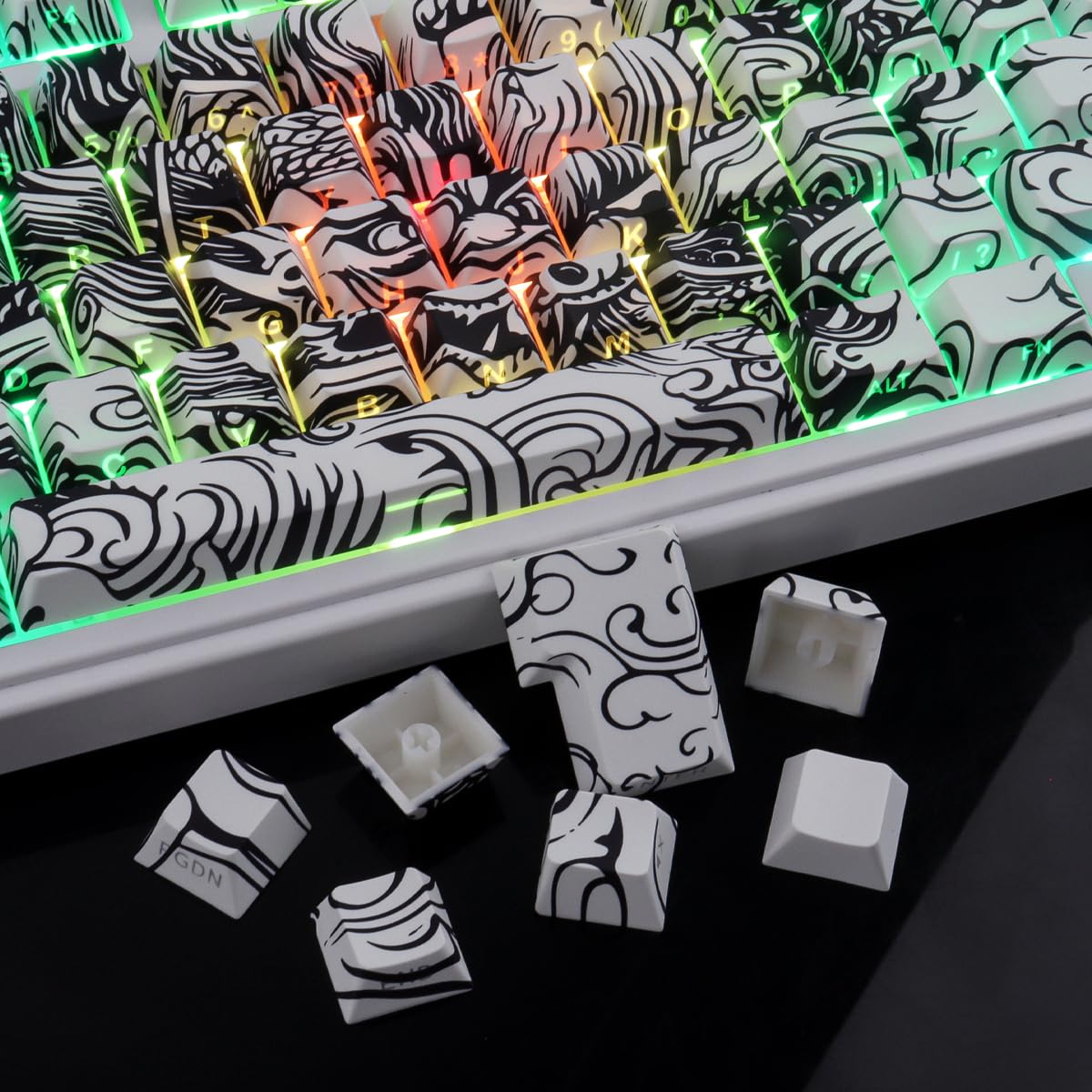 Sunzit PBT Keycaps, 138 teclas, color blanco, perfil de cereza, juego de teclas con barra espaciadora de 6,5 U, diseño de dragón, teclas personalizadas para MX Switches mecánicos, teclado de gaming