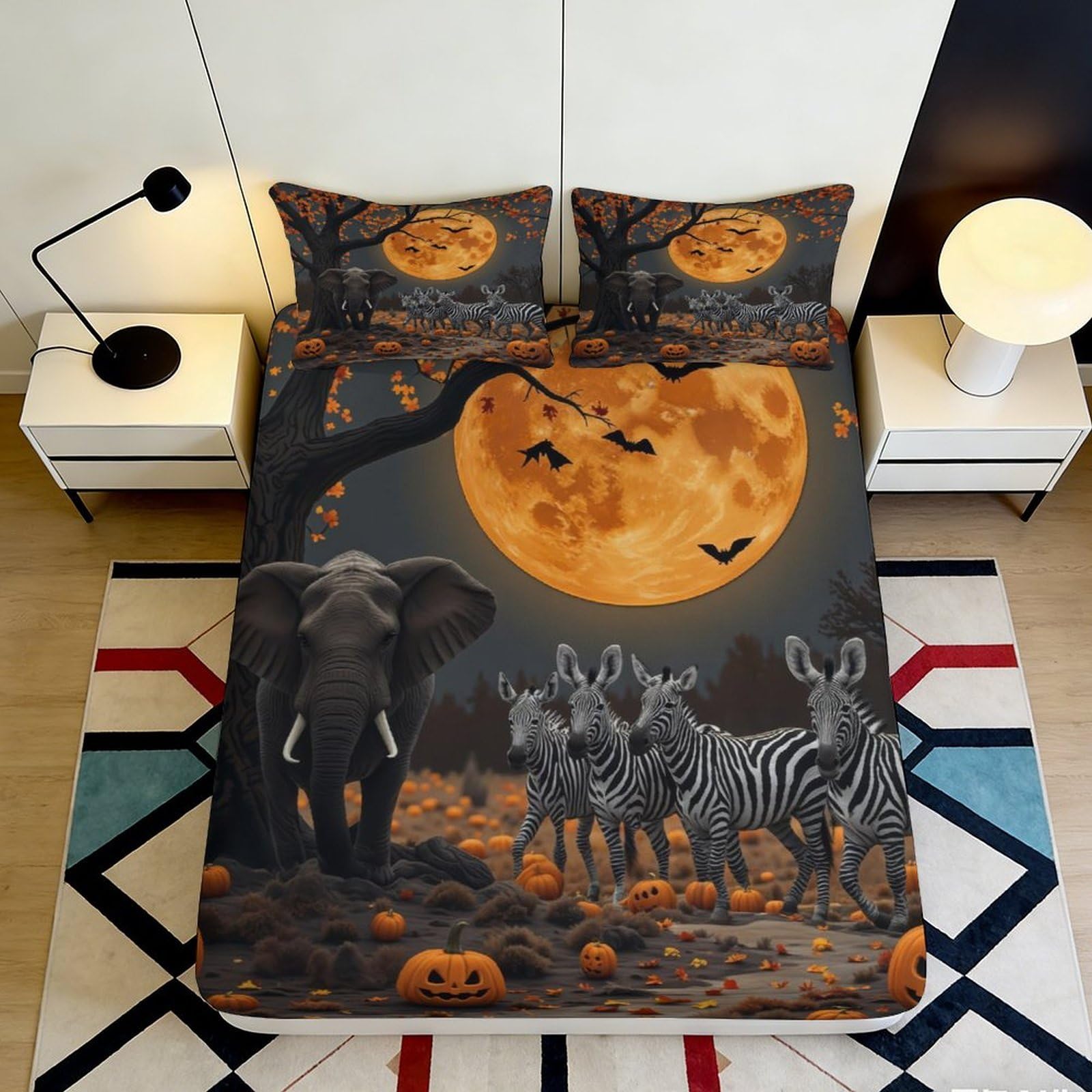 3D Printed Halloween Moon Elephant Fitted Sheet Microfiber Soft Zebra Pumpkin Mattress Cover for Bedroom Dorm Decor 90x200x25cm