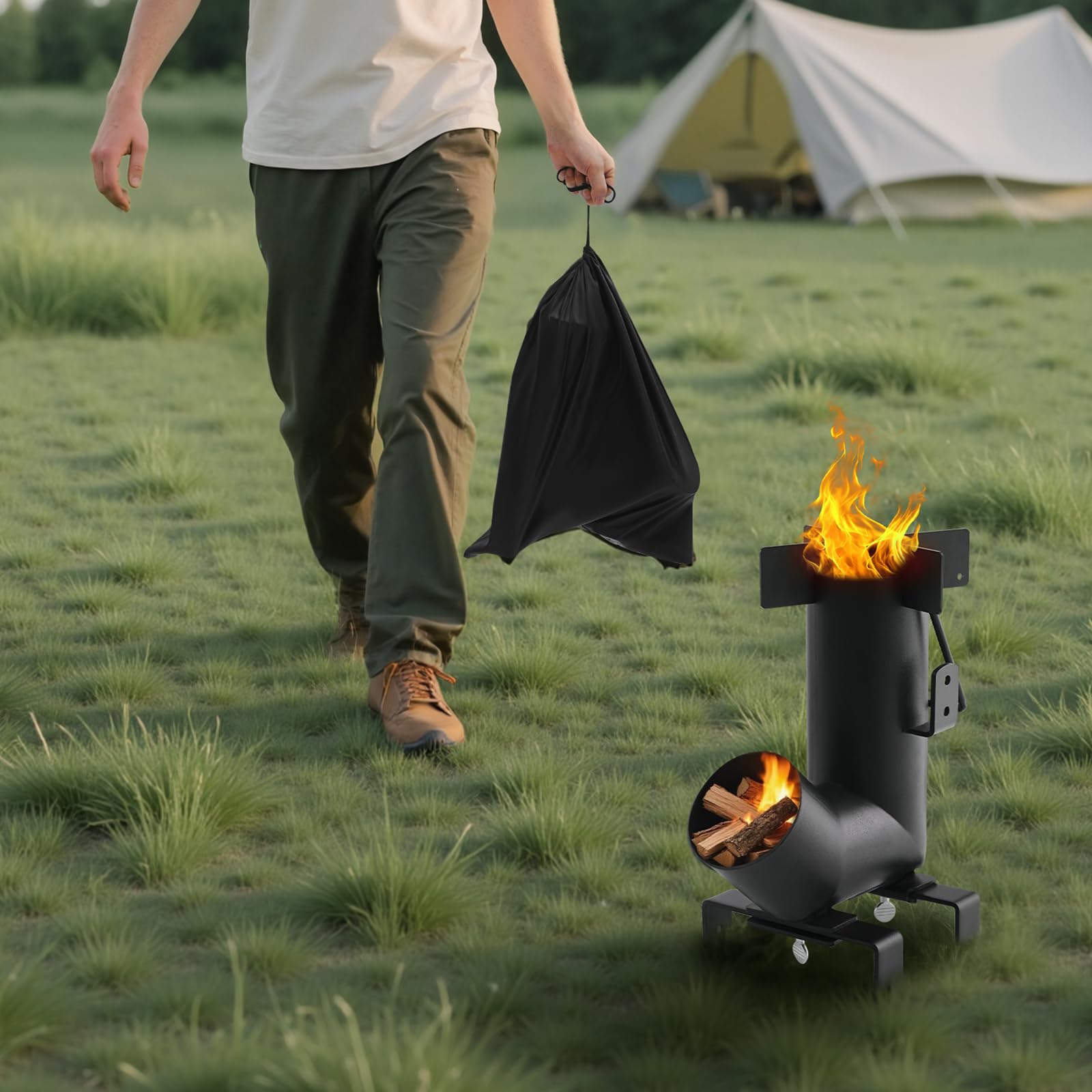 VEVOR Estufa Cohete para Acampar, Estufa Portátil de Leña de Acero al Carbono con Bolsa de Transporte, Asas Laterales, Resistente para Cocinar y Calentar al Aire Libre, Senderismo, Patio, Negro