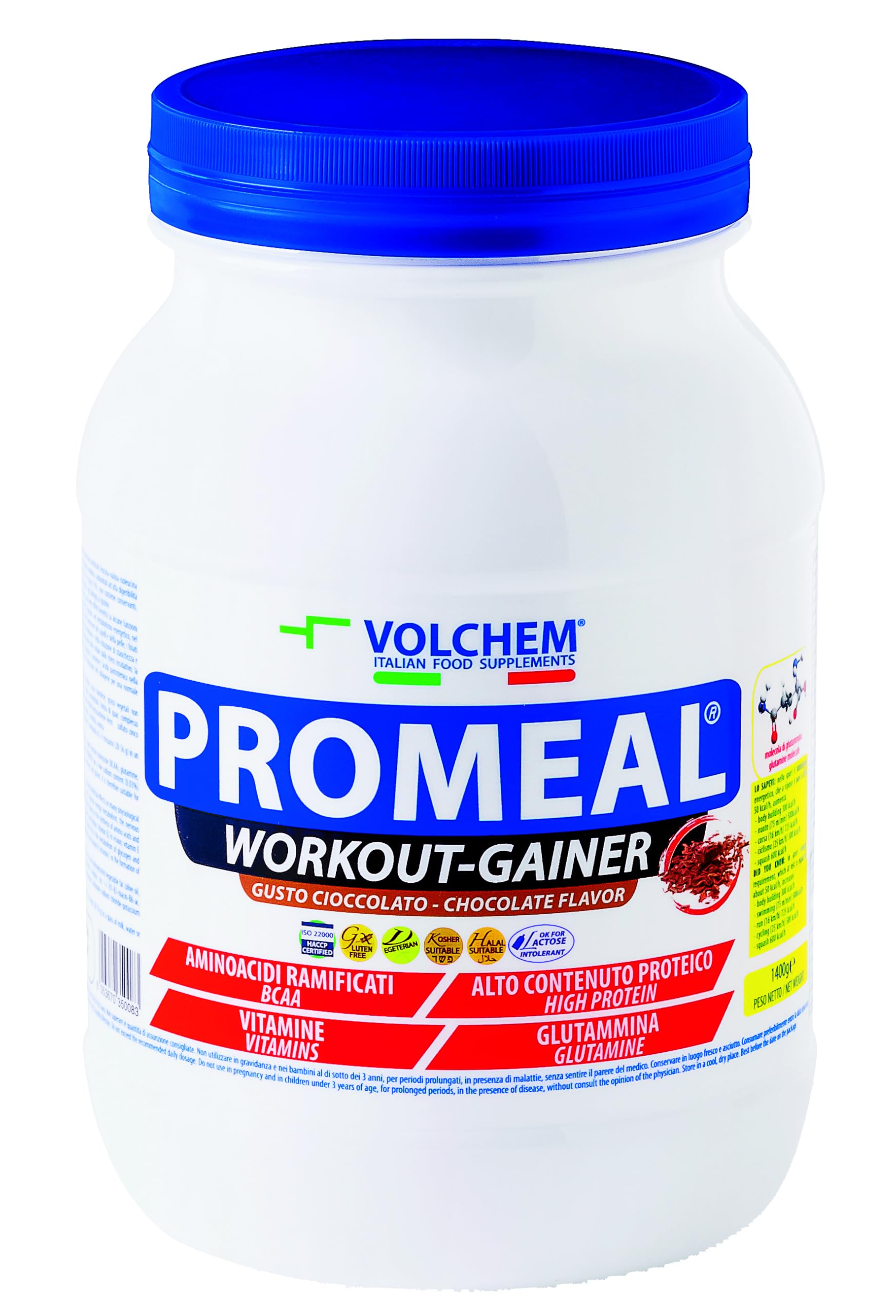 Volchem Promeal, Integratore Alimentare Energetico Workout-Gainer, con Aminoacidi e Vitamine, Senza Grassi Idrogenati, Additivi e Dolcificanti (1400 g, Cioccolato)