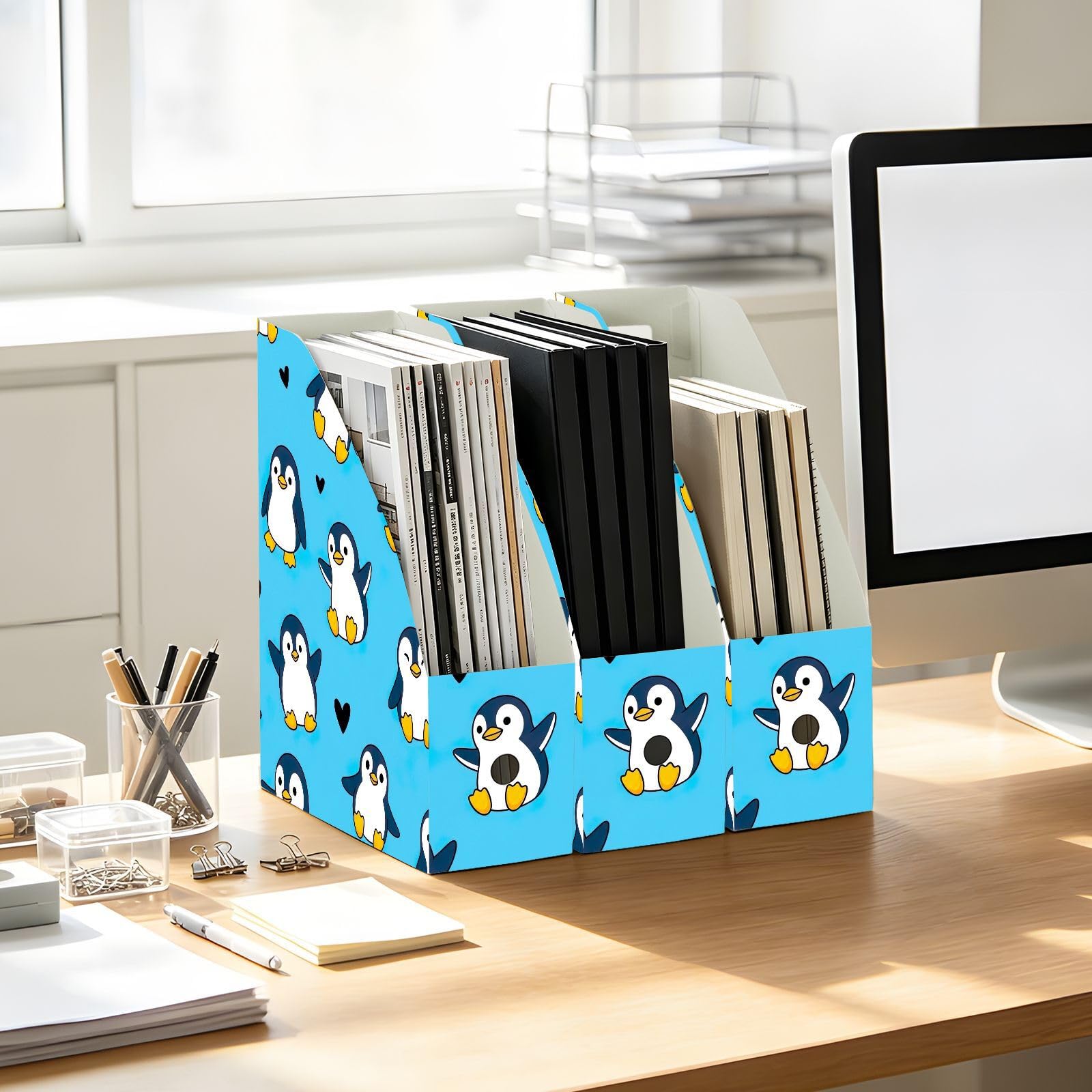 Cartone animato pinguino blu File Holder per scrivania