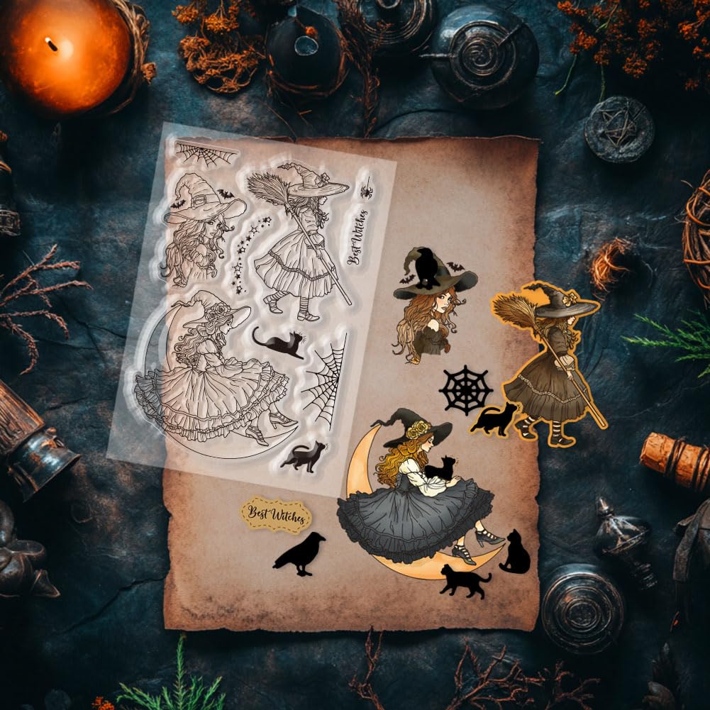 GLOBLELAND Witch Clear Stamps and Cutting Dies Set Cat Silicone Clear Stamps and Metal Moon Stars Die Cuts for Witches Festival Card Making and DIY Scrapbooking - Image 3