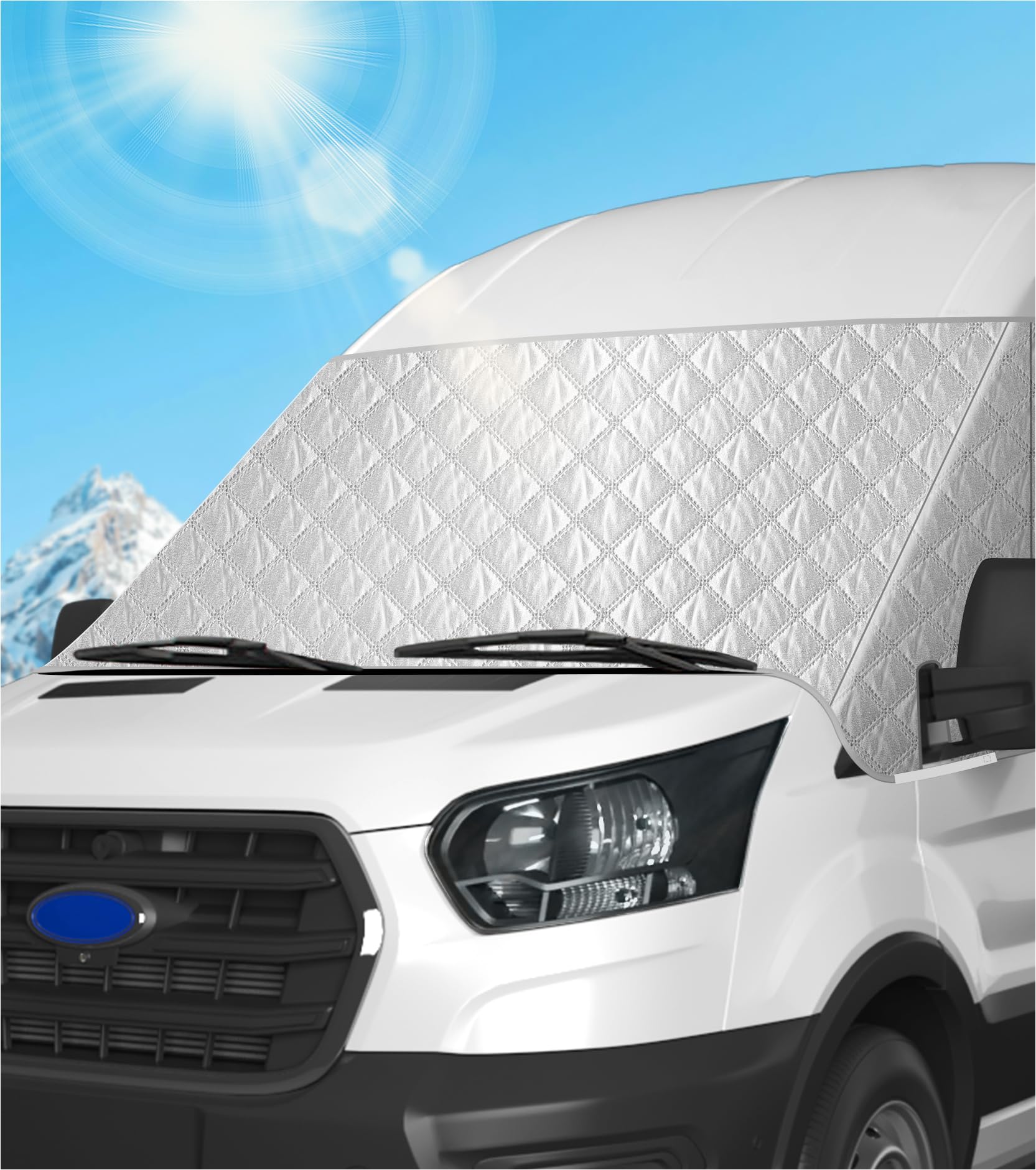 VANNCAMP Windshield Cover for Ford Transit 2015-2026 Motorhome,Van, Front Window Sunshade, Class B Windshield Front Cover for UV Protection & Privacy Shield, White with Mirror Cutouts