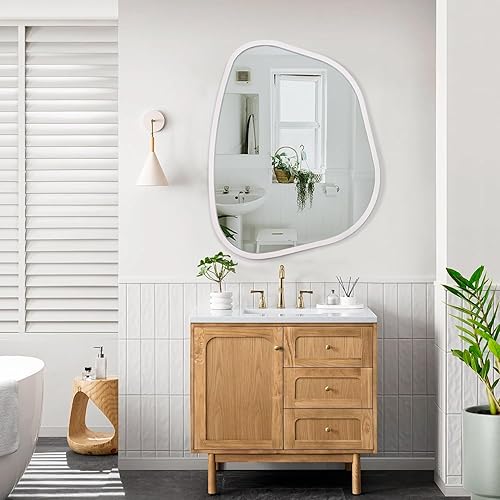 Miniatura 6 de Espejo de pared ovalado irregular blanco grande de 26 x 18 pulgadas, espejo asimétrico moderno con marco de madera de forma única montado en la