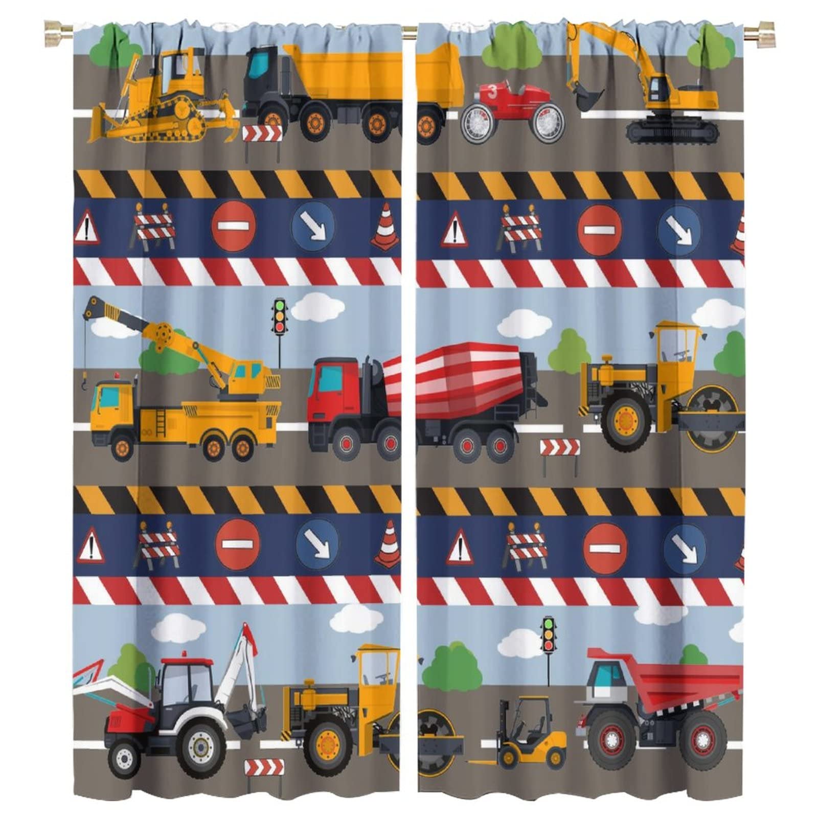 INSFBRB Boys Kids Construction Rod Pocket Blackout Curtains,Thermal Insulated Room Darkening Cartoon Colorful Cars Excavator Bulldozer Tractor Truck Airplane Window Treatment,2 Panels 63L x 27.5W