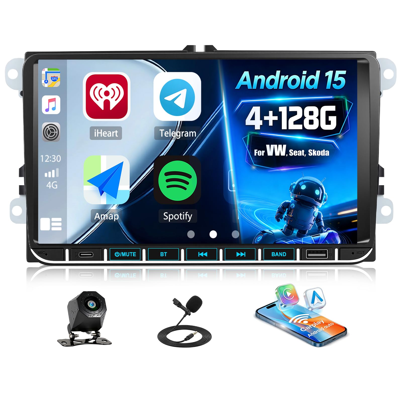 CAMECHO 4+128G Android 15 Autoradio 9 Zoll für VW Golf 5 6 Polo Passat Seat Touran Skoda Tiguan mit Rückfahrkamera, Radio Bluetooth mit Carplay Wireless Android Auto FM RDS GPS WiFi + Canbus